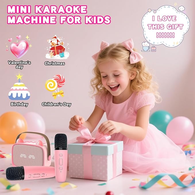 Mgaolo Upgraded Mini Karaoke Machine Toy for Kids, Portable Bluetooth Speaker with 2 Wireless Mics, Emoji & Colorful LED Lights, Home Travel & Party Play Gifts for Boys Girls (Pink)