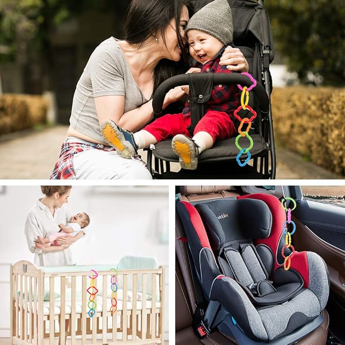 Link-to-Go Connecting Rings Toy Hanging Stroller Car Seat Crib Playmat Attach Toys Infant Newborn Boy Girl Clip On Early Education Learning Travel Accessory Set