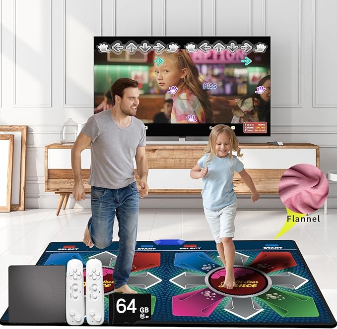 Music Double Dance Mat for Kids and Adults,64G Memory Card,Fitness Dance Games with MV/3D/Cartoon Dance Mode,81pcs MV 885pcs Songs and 1000pcs Games for HDMI TV Fun Senior Flannel Materia