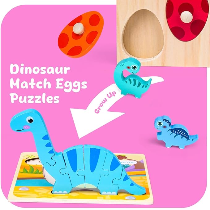 Toddler Dinosaur Puzzle with Eggs - Montessori Wooden Puzzles for 1-4 Year Olds