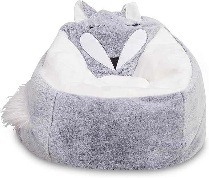 Posh Creations Cute Soft and Comfy Bean Bag Chair for Kids, Large, Animal - Silver Fox