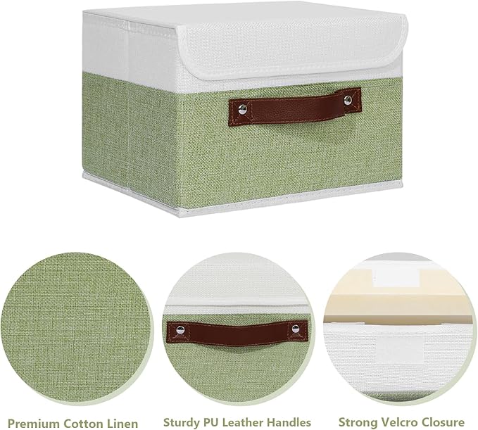 ANMINY 2PCS Storage Boxes with Lid Washable Decorative Storage Bins Basket with PU Leather Handle Foldable Linen Fabric Storage Cubes Containers for Home Closet Organizer - Green White, Small Size