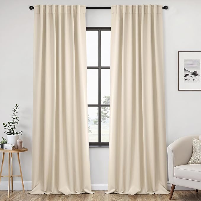 ANRODUO Back Tab Blackout Curtains for Bedroom Living Room, Rod Pocket Pinch Pleated Thermal Insulated Room Darkening Curtains 96 Inches Long 2 Panels, Cream Beige, 52 x 96 Inch
