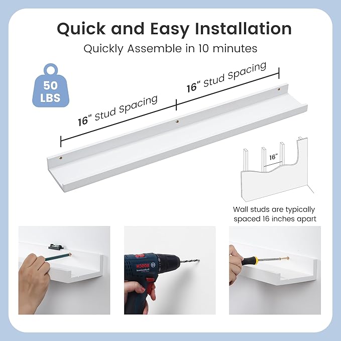 Picture Ledge Shelf for Wall, 36 inch Solid Pine Wood Nursery Book Shelves 2 Packs, Floating Ledge Shelves for Kids' Room Bedroom Bathroom Living Room Photo Frames Office Nursey Wall Decor, White