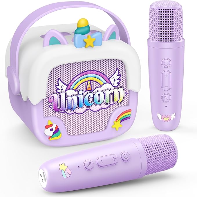 Mini Karaoke Machine for Kids Girls: Unicorn Portable Bluetooth Speakers with 2 Wireless Mic Toys for Girls Age 4-6 7 8 9 Years Old Girl Gifts Birthday Gifts for 5 6 7 8 9 10 11 Years Teens Purple