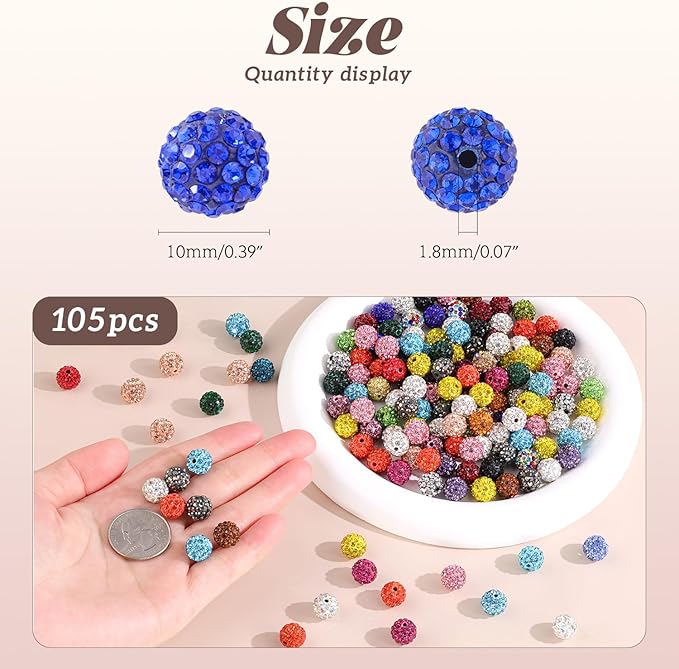 105pcs 10mm Rhinestone Beads for Jewelry Making, Light Purple Shiny Round Disco Beads Bulk, Sparkle Crystal Clay Christmas for Bracelet Baseball Necklace Earring Crafting and DIY