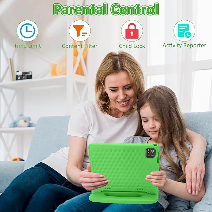 Tablet for Kids, 10.1 inch IPS HD Touchscreen Android 14 64 GB Storage, 8GB RAM, Octa Core Kids Tablet, Parental Controls, 12-hr Battery, WiFi, GPS - Green