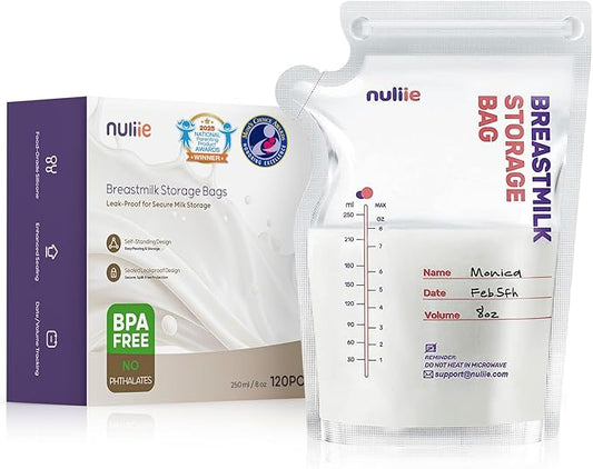 Nuliie 120 Pcs Breastmilk Storage Bags, 8 OZ Breast Milk Storing Bags, BPA-Free, Milk Storage Bags with Pour Spout for Breastfeeding, Self-Standing Bag, Space Saving Flat Profile