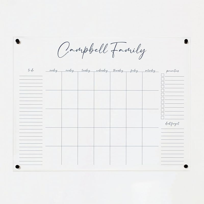 Personalized Clear Acrylic Calendar for Wall, Calendar Whiteboard for Wall, Dry Erase Wall Calendar, Wall Calendar Organizer System for Home (Cursive, Navy, 47.5"W x 36"H)