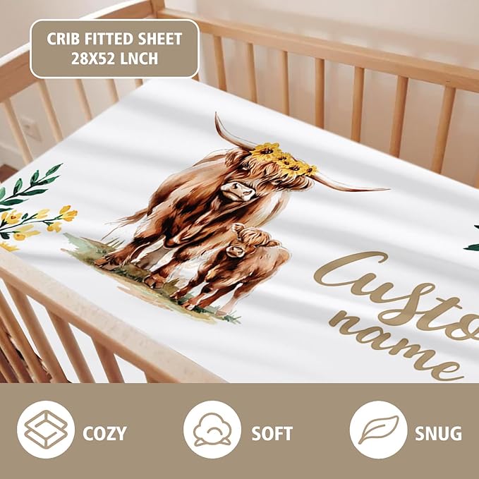 Custom Name Crib Bedding Set - Highland Cow Theme, Personalized Yellow Floral Nursery Bedding 3-Piece Set– Soft Blanket, Fitted Sheet, Changing Pad Cover – for Newborns Girls Nursery Gifts