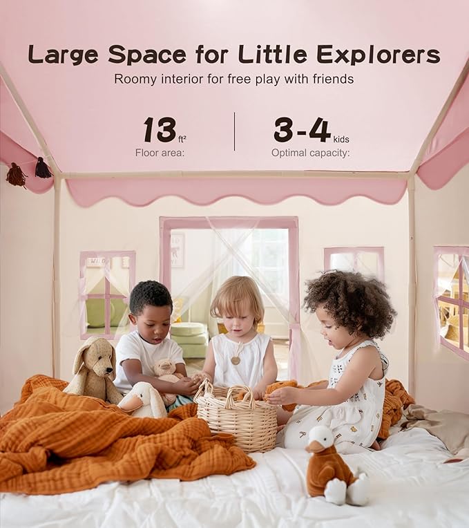 Large Kids Tent with mat, Star Lights, Tissue Garland, Play Tent Indoor & Outdoor, Kids Play Tent for Girl & Boy Aged 3+, Kids Tent for Toddler, 52" x35" x 52" Play House with Windows, Washable, Pink
