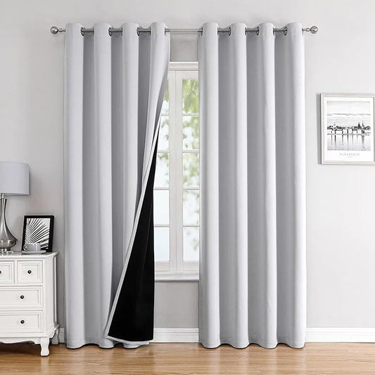 ChrisDowa 100% Blackout Curtains for Bedroom with Black Liner, 2 Thick Layers Total Blackout Thermal Insulated Grommet Window Curtains 2 Panels Set (Greyish White, 52 x 72 Inch)