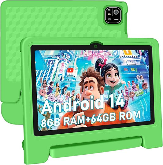 Tablet for Kids, 10.1 inch IPS HD Touchscreen Android 14 64 GB Storage, 8GB RAM, Octa Core Kids Tablet, Parental Controls, 12-hr Battery, WiFi, GPS - Green