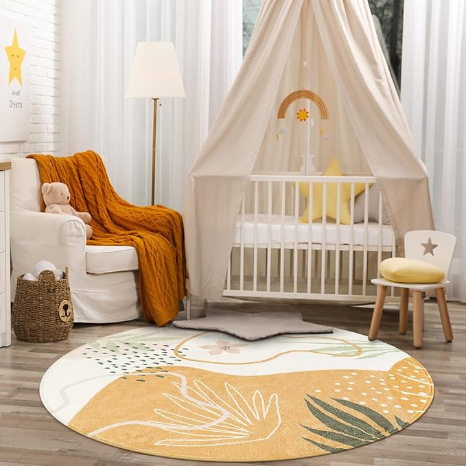 Lahome Boho Round Area Rug 4Ft - Washable Non-Slip Kitchen Rug, Bedroom Carpet, Ultra-Thin Soft Cute Nursery Kids Room Rug, Botanical Print for Dorm Bathroom Classroom Entryway