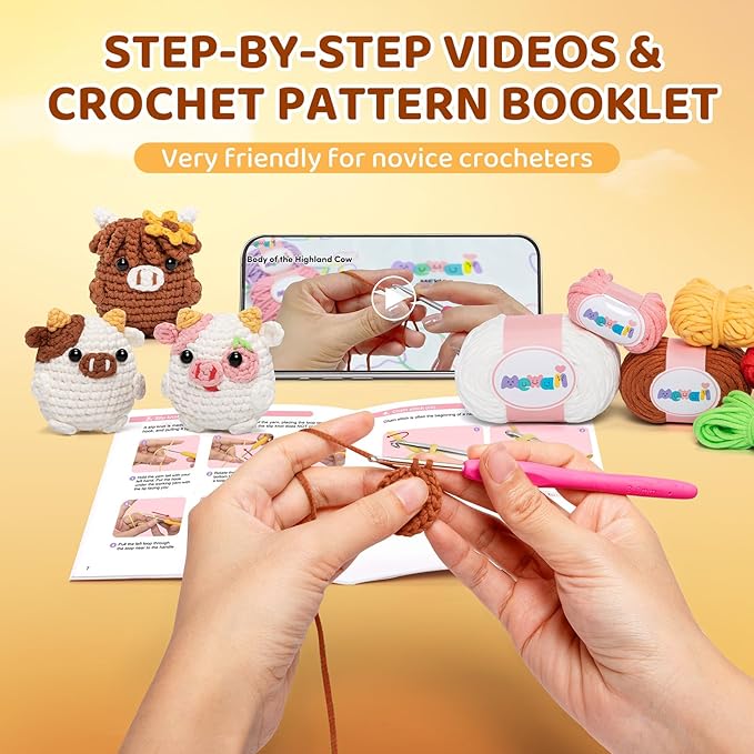 Mewaii Crochet Kit for Beginners Level 2 with 40% Extra Eco-Friendly Pre-Started Easy Yarn, Step-by-Step Video Tutorials for Adults and Kids (3 Pack Cows)