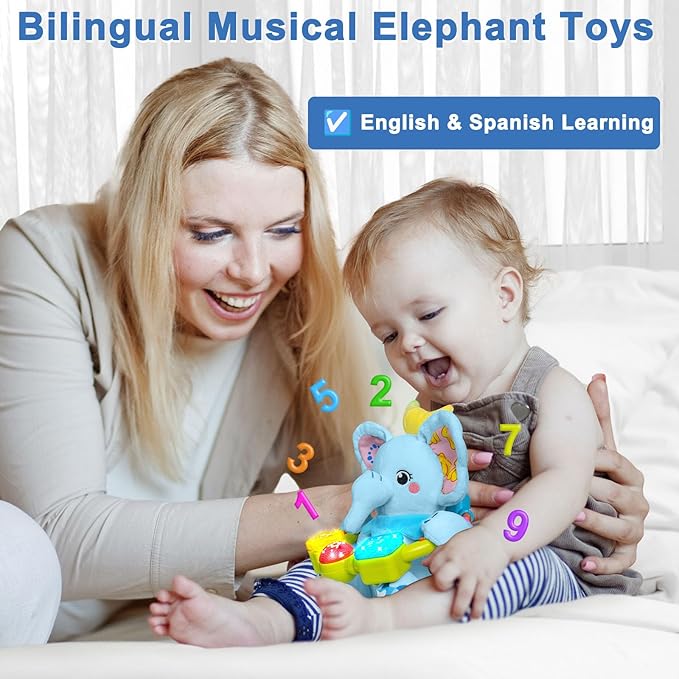 Baby Elephant Musical Stuffed Animals Toy with Light-Up Music & Crinkle,Infant Bilingual Early Learning Education Toys,1st Easter Basket Shower Stuffers for 0-3-6-12+ Months Boy Girl Gifts,Blue