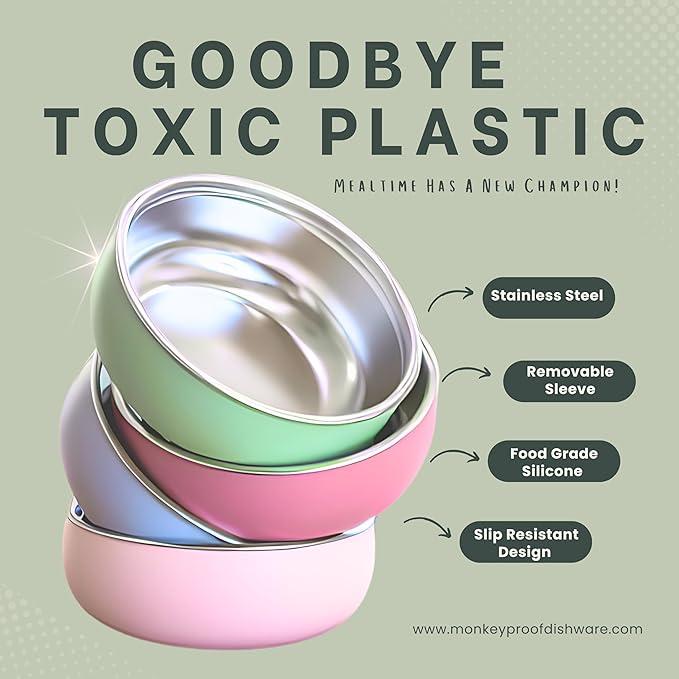 Monkey Proof™ Non-Toxic Stainless Steel Child Bowl 5” with Non-Slip Silicone Shell, (Set of 4 bowls) Unbreakable, Mess Free Feeding for Babies, Toddlers, Kids, BPA free (Arizona)