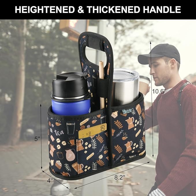Beautyflier Drink Carrier with Handle for Delivery Reusable Insulated Coffee Cup Carrier Portable Cup Holder with Handle Organizer Tote Bag for Hot & Cold Drinks (2 Cup, Pattern3)