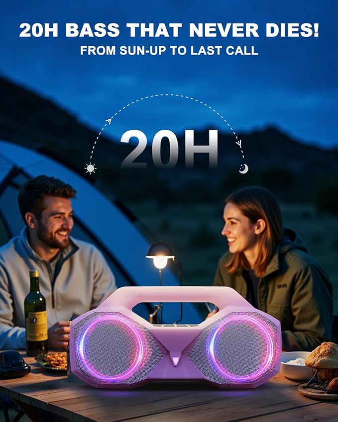 Bluetooth Speaker 80W(Peak)Loud with Bass, 20H Playtime, IPX7 Waterproof, RGB Lights, TWS, Large Portable Wireless Speakers for Outdoor, Home, Party, Pool, Beach, Tailgating, Gym, Work, Gifts (Pink)