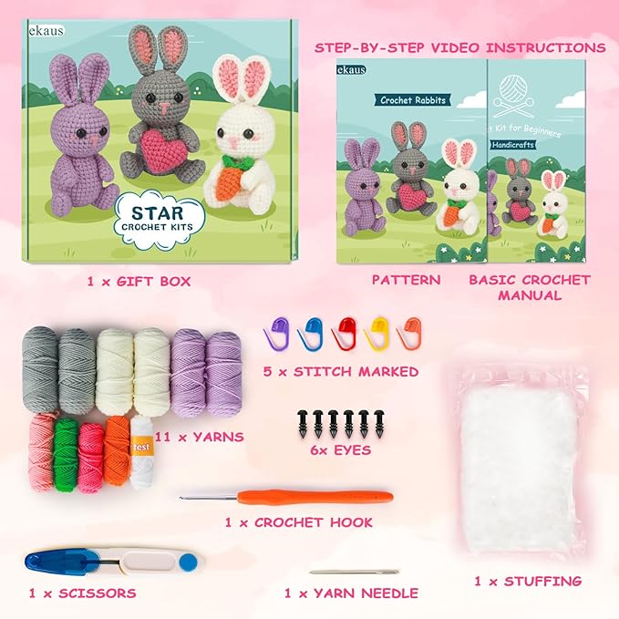 ekaus Crochet Kit for Beginners, Crochet Kit with Step-by-Step Video Tutorials, Crochet DIY Knitting Supplies for Adults Kids, Crochet Rabbits(45%+ Yarn)