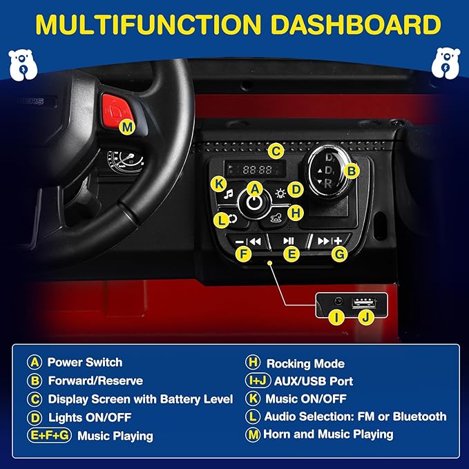 L8 2 Seater Ride On Car, 12V Kids Electric Car w/Remote Control, 4-Wheel Suspension, Bluetooth Speaker, Multi Music Modes, 3 Speeds, LED Lights, Xmas & Birthday Gift Ideas for Kids Ages 3+