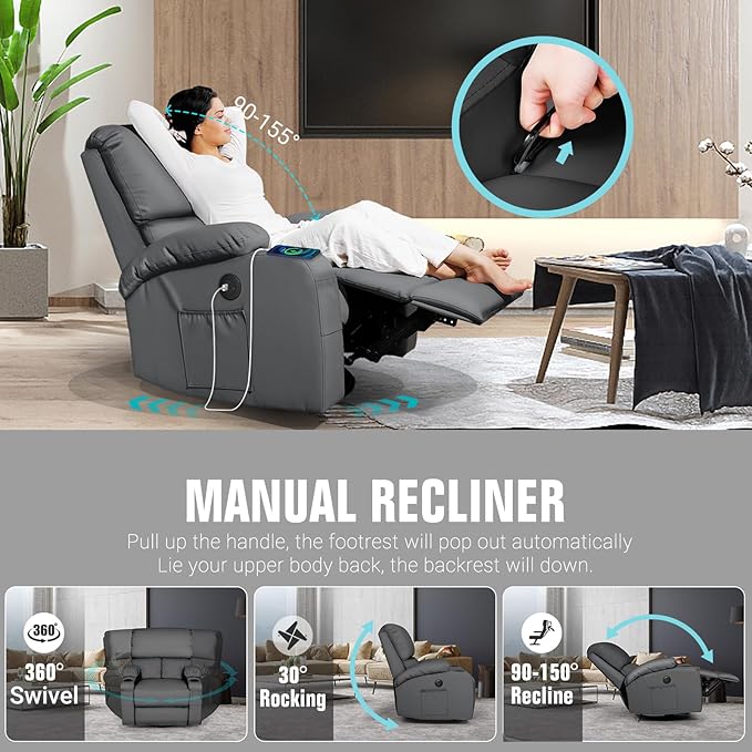 Rocking Recliner Chair, Massage Rocker Recliner Chair with Vibration Massage and Heat, USB and Type-C Ports,360° Swivel Faux Leather Chairs, Living Room, Bedroom, Nursery, RV, Dark Grey