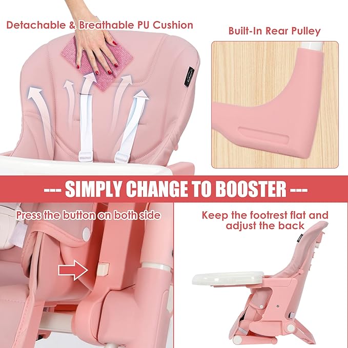 INFANS 4 in 1 High Chair–Booster Seat, Convertible Highchair w/Adjustable Height and Recline,Removable Tray,DetachableCushion, Installation-Free,Simple Fold for Baby, Infant& Toddler (Pink)