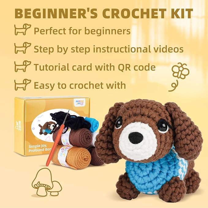MOREJMTT Crochet Kit for Beginners, Learn to Crochet, Include Easy Knitting Soft Yarn, Step-by-Step Video Tutorial, Hook, Holiday Birthday Gift for Adults and Kids(Sausage Dog)