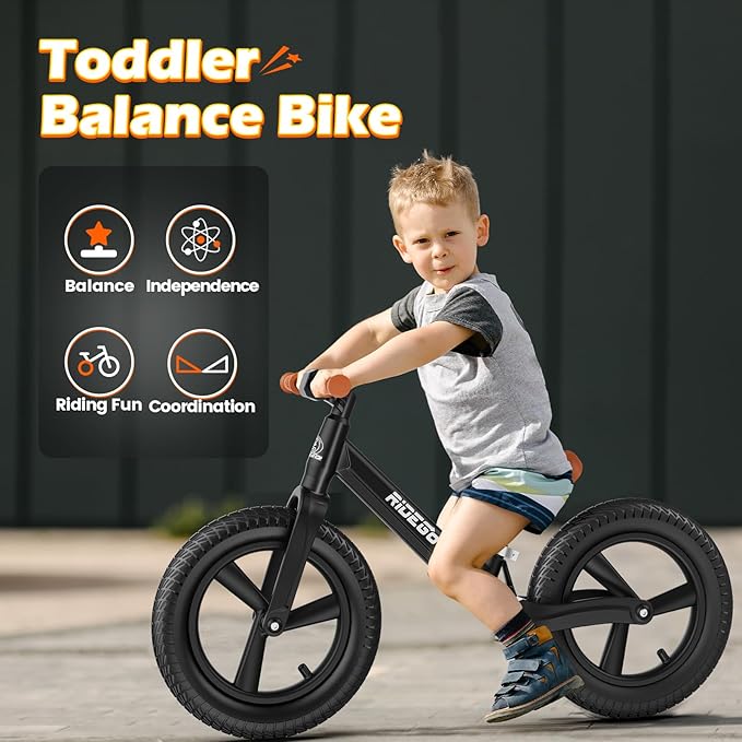 Ridego 12 or 14 Inch Balance Bike for Kids 2-6 Year Old,Lightweight Kids Bike with Adjustable Seat, Push Bicycle with Air Rubber Tires，Ride-on Toys Birthday Gift