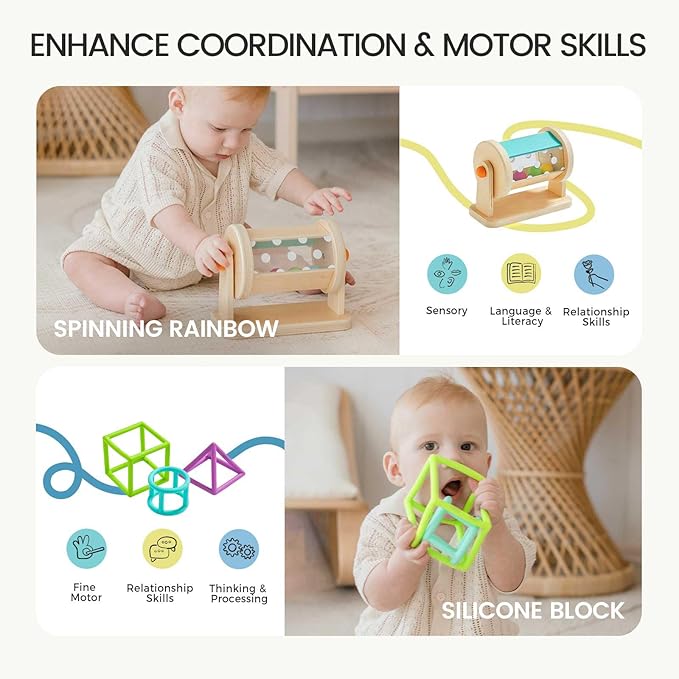 Tiny Land Montessori Baby Toy Set 4-6 Months – Early Learning Motor Skills Development Kit with 4-in-1 Soft Cloth Book, Spinning Rainbow Toy, Silicone Blocks and Baby Tissue Box