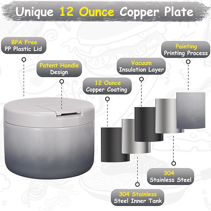 12oz Insulated Vacuum Food Jar with Buckle Lid Wide Mouth Soup Thermo for Hot Food Kids Leakproof Stainless Steel Lunch Container (Gradient Grey, 12OZ)