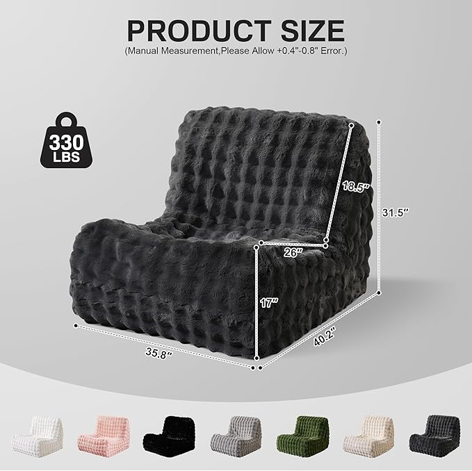 Modern Bean Bag Chair, Large Bean Bag Couch for Adults with Memory Foam Filled, Soft Faux Bunny Fur Lazy Chair for Living Room Bedroom Dorm Apartment, No Assembly Required, Dark Grey