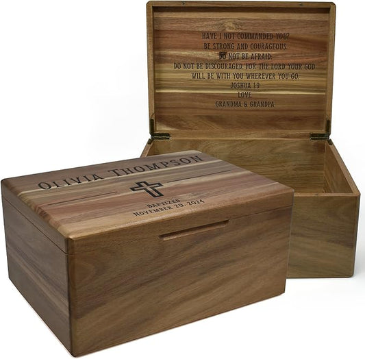 First Communion Box Acacia Wood - Personalized Baptism Gift for Boys, Christening Storage for Baby, Personalized Baptism Gifts for Girls, Engraved Confirmation Keepsake Box w/ Name 11.5 x 8.5 x 5.5 in