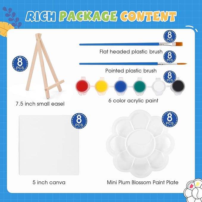 ESRICH 8 Set Mini Acrylic Paint Kit,5in Mini Stretched Canvas with 7.5in Easel,Acrylic Paint Strips,Paint Palettes,Painting Brushes, Small Canvas and Easel Set for Kids Artists Beginner,Gift