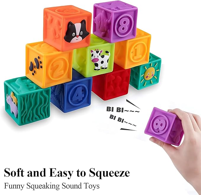 Kingtree Baby Blocks, 9PCS Soft Squeeze Building Blocks Stacking Toys for 6+ Months Babies, Baby Teething Chewing Educational Blocks Set with Numbers Animals Shapes Textures