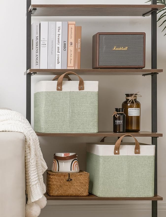 StorageWorks Storage Bins, Fabric Storage Bins for Shelves, Large Storage Baskets with Metal Frame, Closet Baskets and Bins with Handles, Green and White, 2-Pack