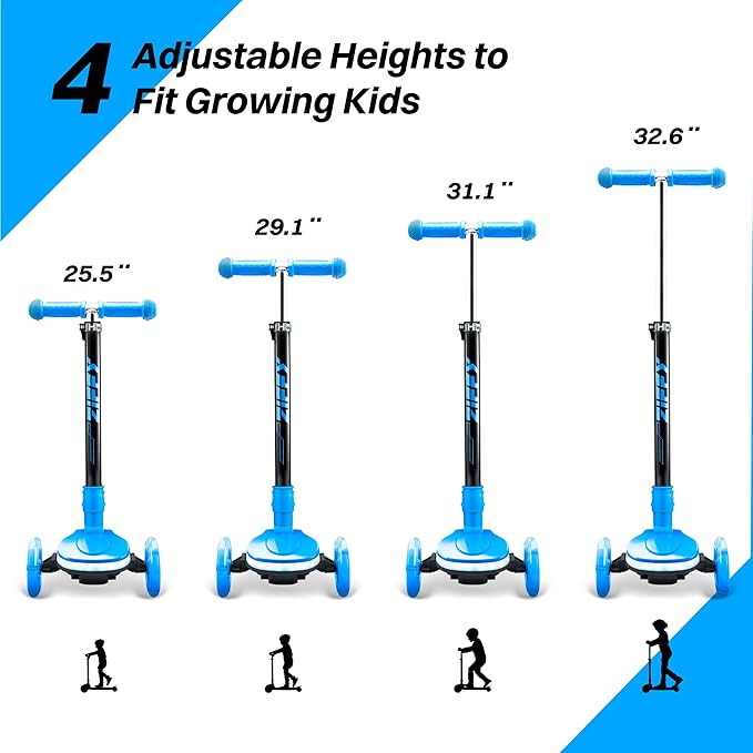 ZIFFY 3-Wheel Light-Up Kids Scooter, Kids Balance Scooter for Boys Girls with 20 Dynamic LED Lights, 4 Adjustable Height, Lean-to-Steer Design with Anti-Slip Wide Surface for Stability - Up to 110LBS