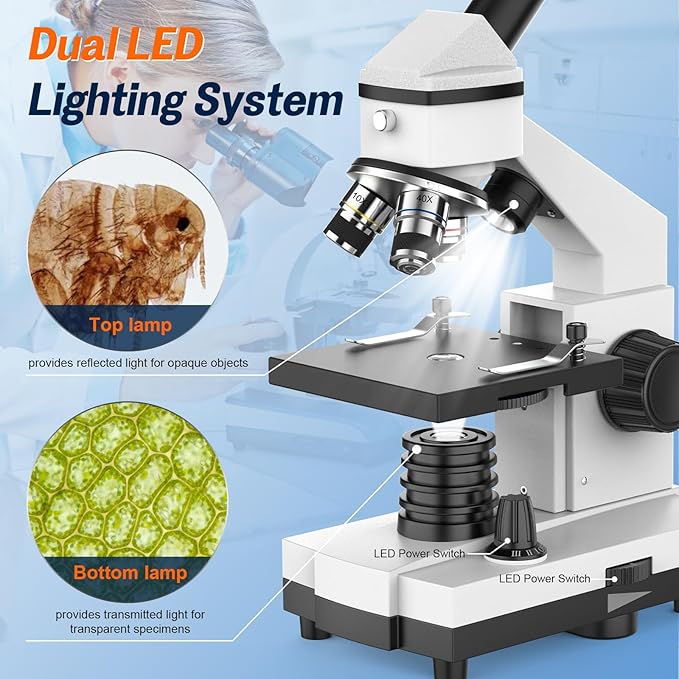 Microscope for Adults and Kids - 40X-2000X Monocular Microscopes with Slides Set, Dual Led Light, Phone Adapter, Professional Biological Optical Microscopes for Students School Home Education