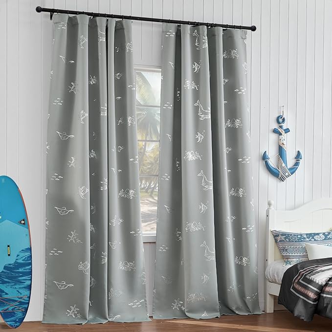 Vangao Kids Curtains for Boys Bedroom Kids Blackout Curtains 84 Inch Length Ocean Aquarium Nursery Drapes for Girls Bedroom Silver Sea Animals Print Thermal Insulated Drapes, Grey 2 Panels