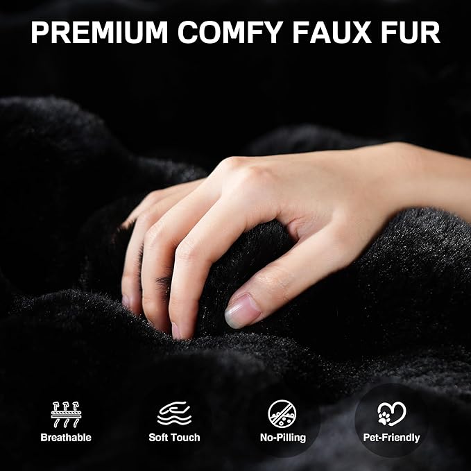 Modern Bean Bag Chair, Large Bean Bag Couch for Adults with Memory Foam Filled, Soft Faux Bunny Fur Lazy Chair for Living Room Bedroom Dorm Apartment, No Assembly Required, Black