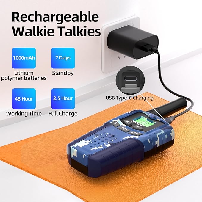 Rechargeable Kids Camouflage Walkie Talkies 3 Pack Long Range, 48H Work 7D Standby, LED Flashlight,Outdoor Camping Games Toys Gifts for 3-12 Year Old,Ideal Birthday for Boys & Girls