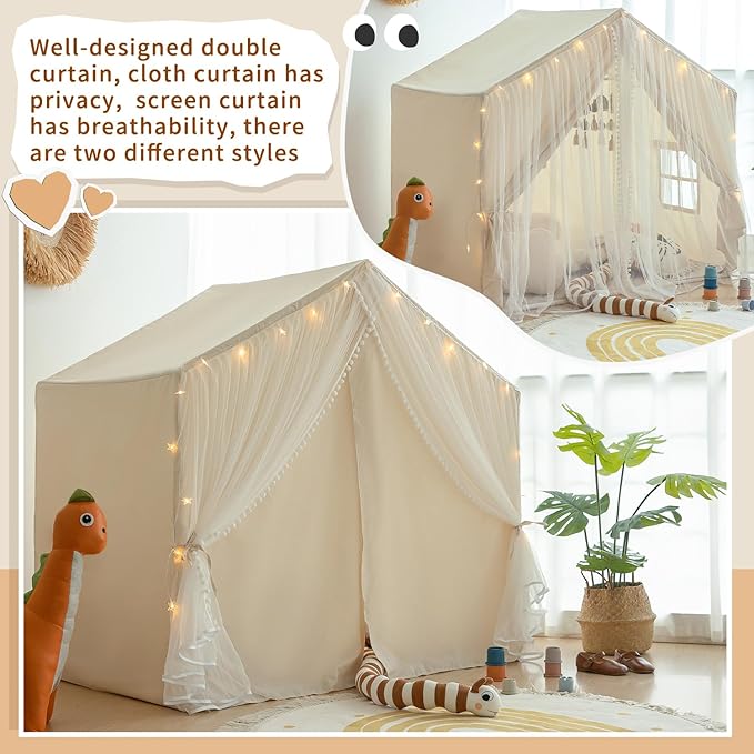 Kids Play Tent with Padded Mat, Kids Tents Large Princess Castle Pompoms Play House Indoor Playhouse Tent for Girl Bed Tents