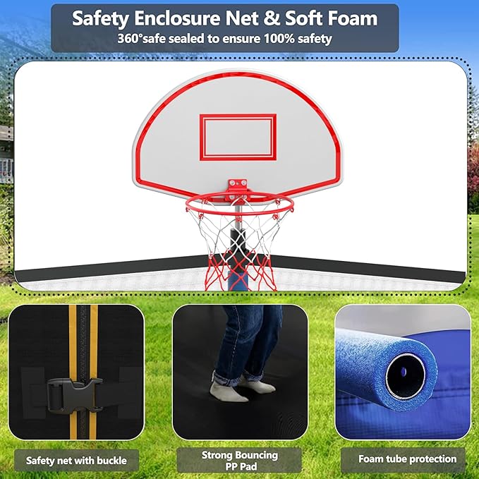 Upgraded 16FT 15FT 14FT 12FT 10FT 8FT Trampoline Outdoor with Basketball Hoop and Net, Capacity for 4-6 Kids and Adults