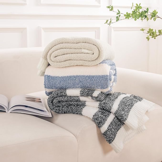 NEXHOME PRO Stripe Cozy Blanket Twin, Knit Fuzzy Throw Blanket for Couch Bed Sofa Picnic, Ultra Soft Blankets for Women Gifts Blue50 x 60 inches