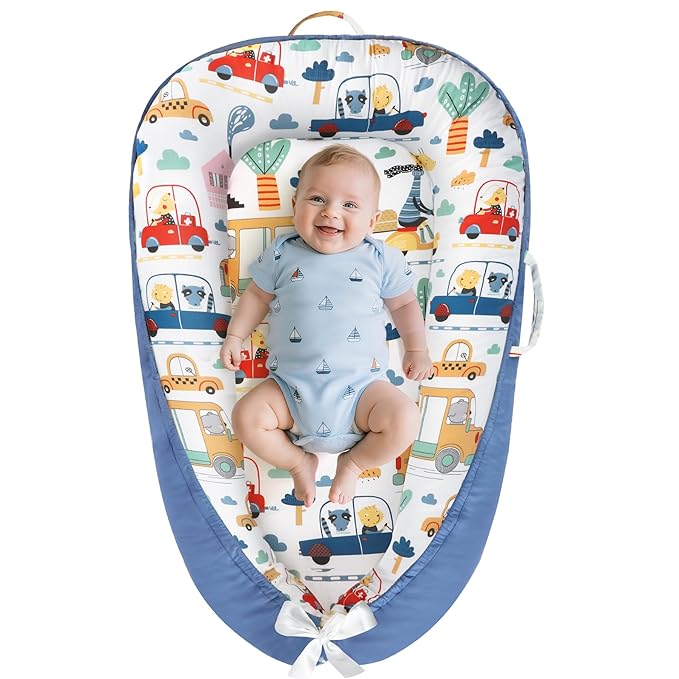 Baby Lounger - Baby Lounger for Newborn 0-24 Months, Breathable and Soft Cotton Cover Baby Nest, Portable Cozy Tummy Time Lounger for Home and Travel, Ideal Baby Essentials & Shower Gifts