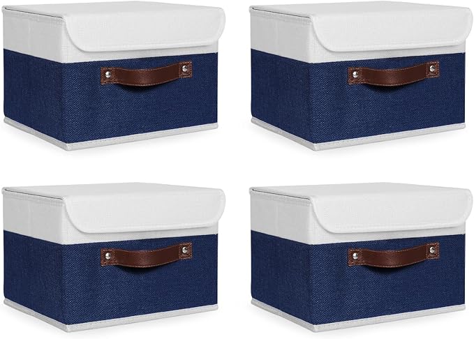 ANMINY 4PCS Storage Boxes with Lid Washable Decorative Storage Bin Basket with PU Leather Handle Foldable Linen Fabric Storage Cube Container for Home Closet Organizer - Deep Blue White, Small Size