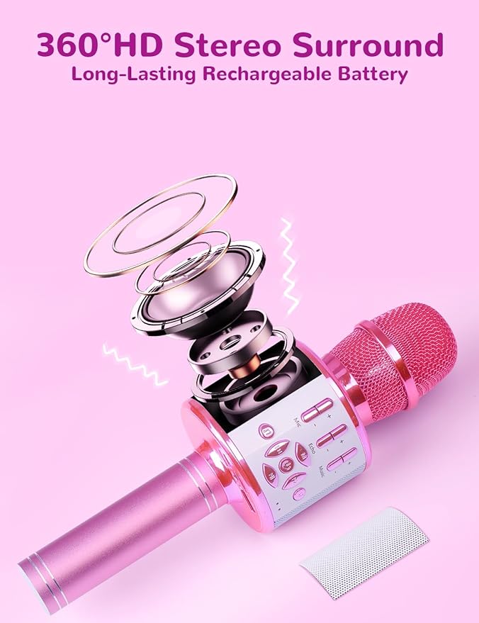 Amazmic Toys for Girls, Kids Karaoke Microphone Toddler Microphone for Kids with Lights, Birthday Gift for Girls, Boys Toy Age 3 4 5 6 7 8+(Light Pink)