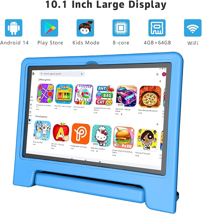 Kids Tablet, 10.1 Inch Tablet for Kids Android 14, 64GB Octa-Core, WiFi, Big Battery, Kids Space, Parental Control 1280 * 800 HD Display Children Tablets Blue