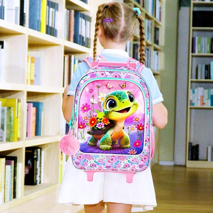 Girls Rolling Backpack, Cute Turtle Roller Wheels Kids Bookbag - Wheeled Elementary School Bag - 3PCS Turtle