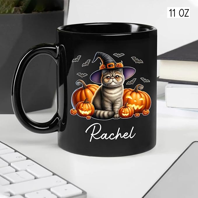 Personalized Exotic Shorthair Wearing Witch Hat Ceramic Cup, Exotic Shorthair Coffee Mugs Gift for Halloween, Custom Name Pet Cat with Pumpkins Halloween Cup, Cat Owner Black Mug 11oz 15oz
